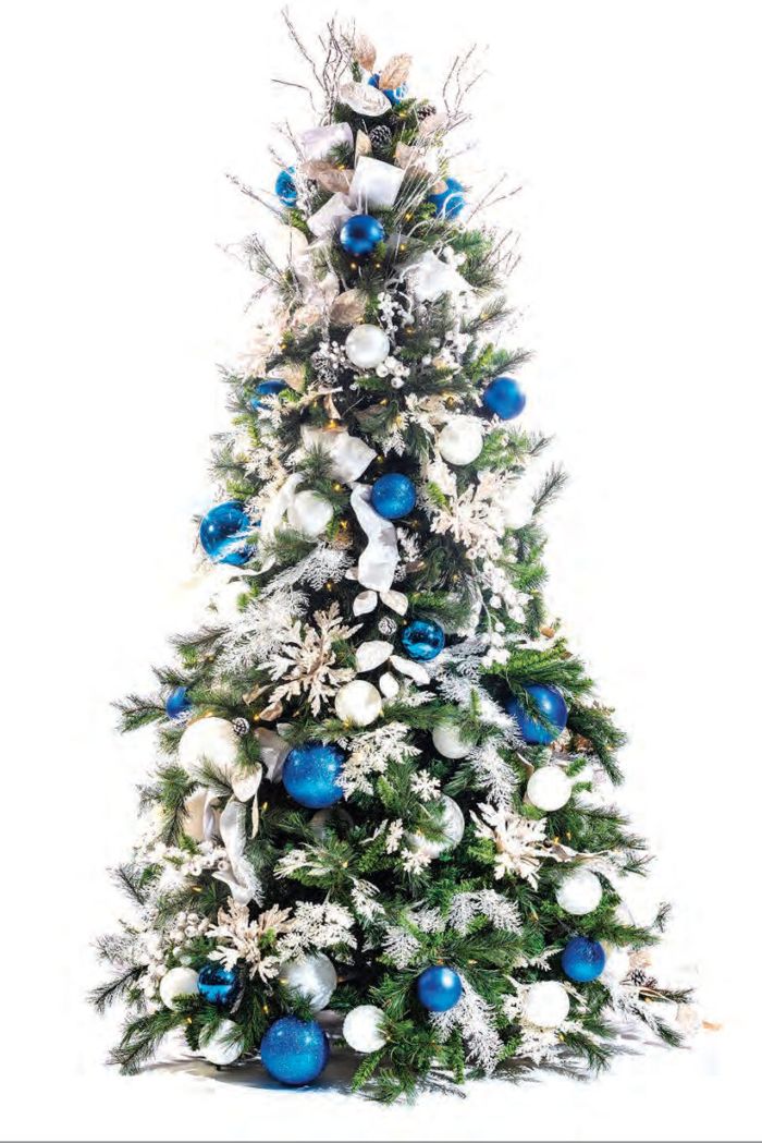 Winter Luxe tree with cobalt blue accents